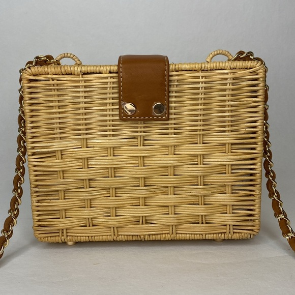 J. McLaughlin Wicker Straw & Leather Rectangle Box Handbag, Gold Hardware, NWOT - Picture 4 of 16